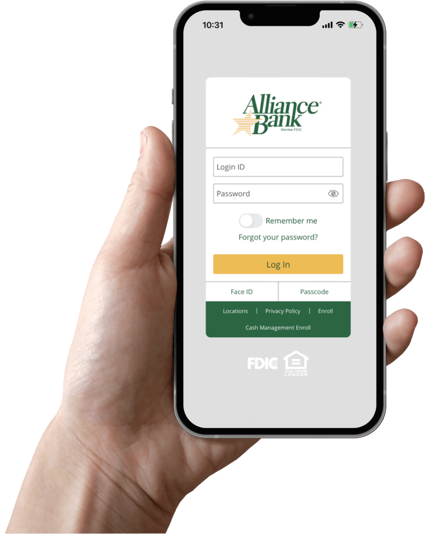 Photo of hand holding mobile device displaying Alliance Bank mobile app.