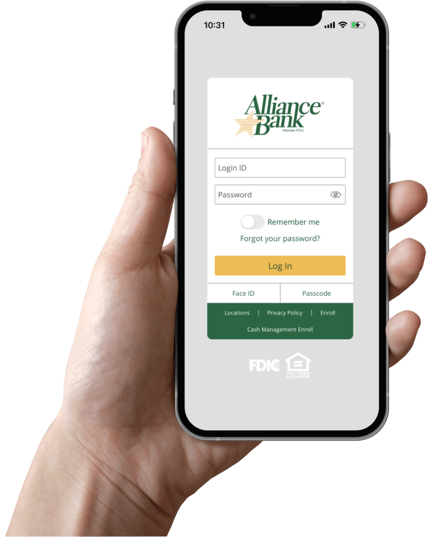 Photo of hand holding mobile device displaying Alliance Bank mobile app. 
